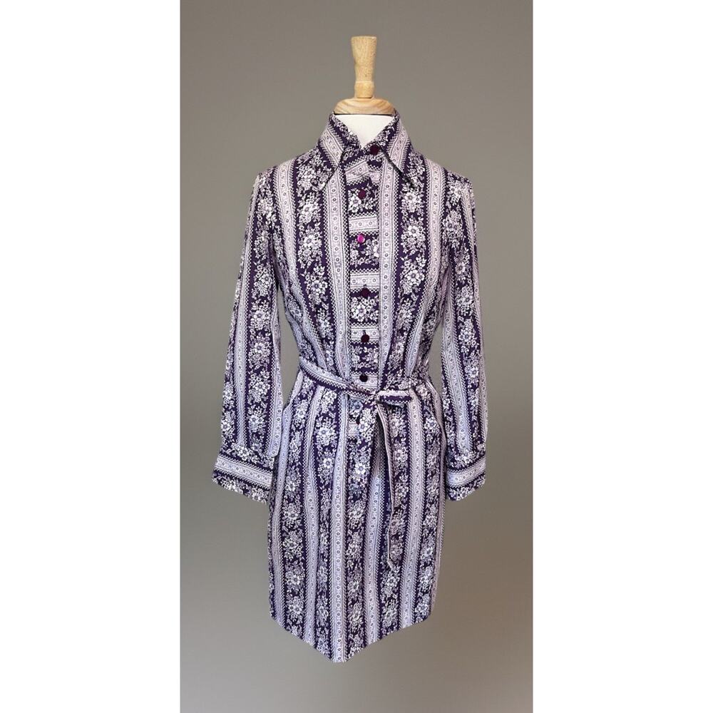 Vintage 60s Shirtwaist Dress Cotton Purple Floral Striped Belt size 12